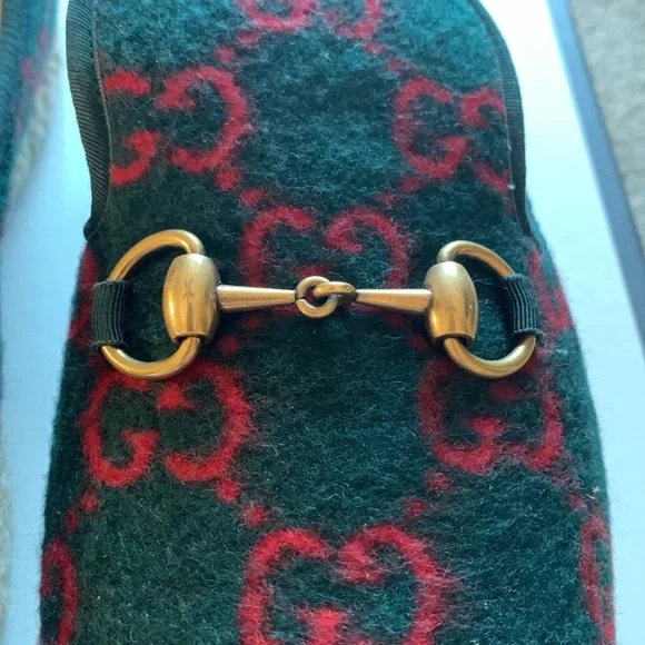 ⭐️HOST PICK!⭐️Authentic Gucci Fria GG Monogram Wool Horsebit Loafers 9 Green Red - Picture 5 of 13